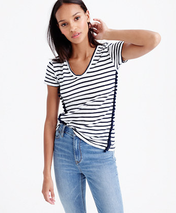 Striped V-neck top with pom-pom trim